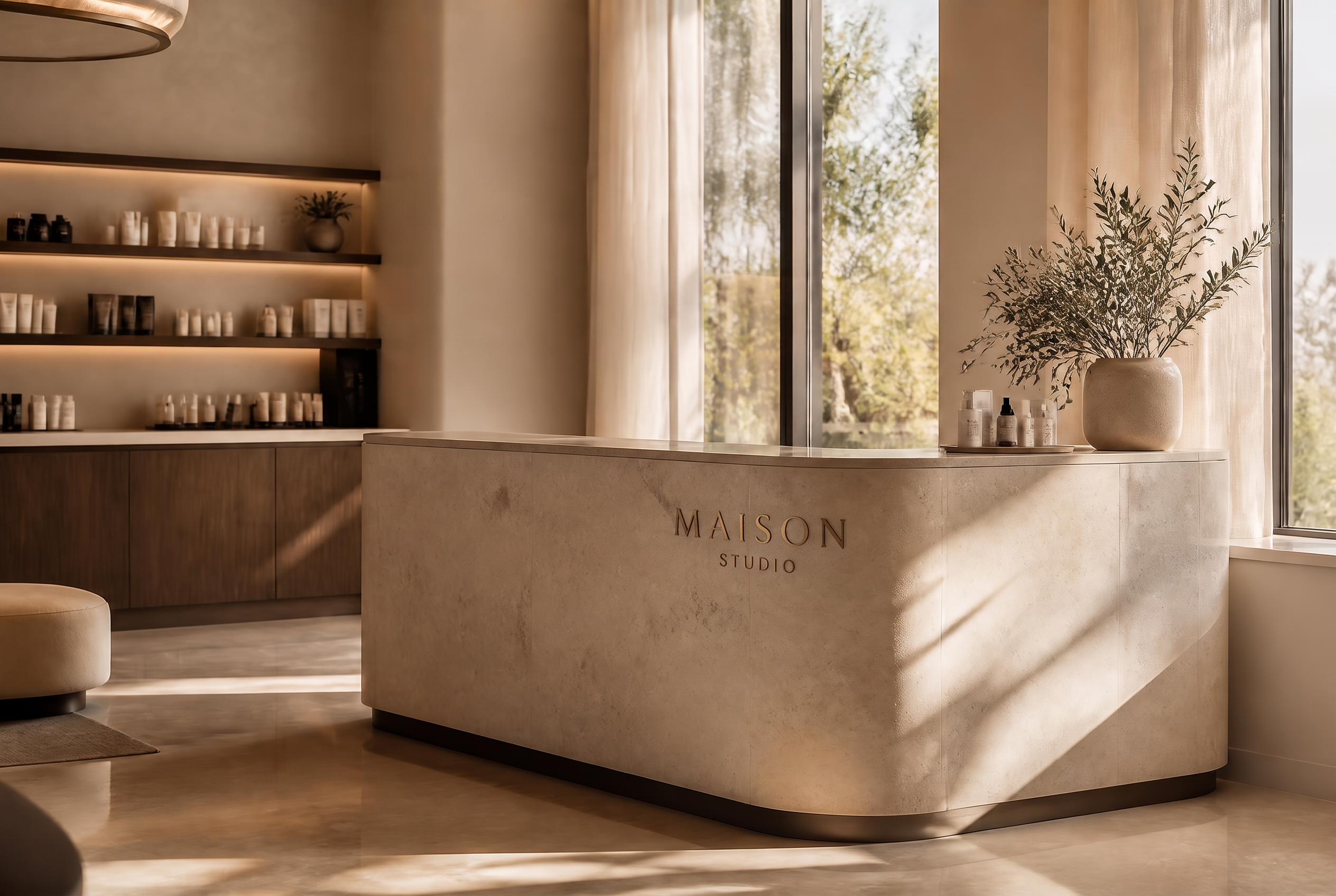 Sunlit reception desk of a luxury salon with stone counter and olive branches